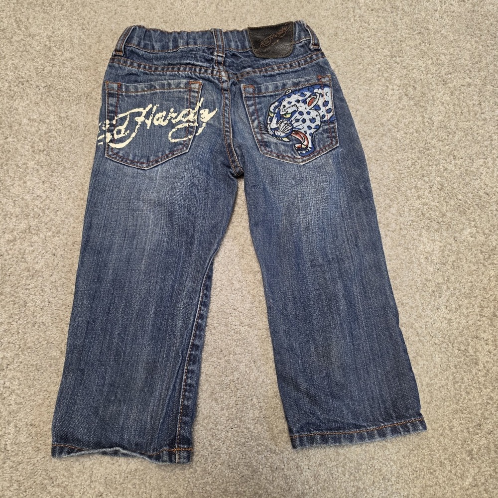 Ed Hardy Kids Denim Jeans Size 2 Blue Embroidered Tiger Graphic Elastic Waist